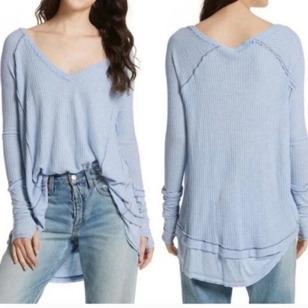 Free People We The Free Boho Blue Laguna Thermal Oversized Pointelle Knit Top S - Picture 1 of 6
